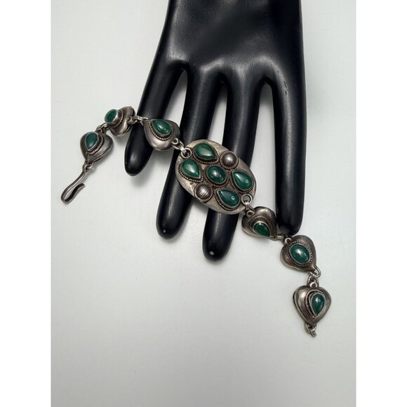 Taxco Jewelry - Vintage Sterling Silver Green Chalcedony Bracelet 7.5” Mexican Art Deco Style